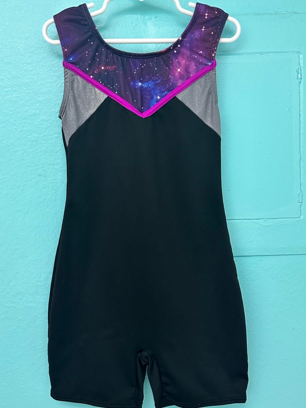 More Than Magic Girl's Black & Purple Galactic Gymnastics One-Piece Leotard - M